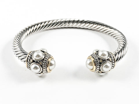 Modern Thick Wire Band With Unique Multi Pearl Frame Duo Ends Brass Cuff Bangle