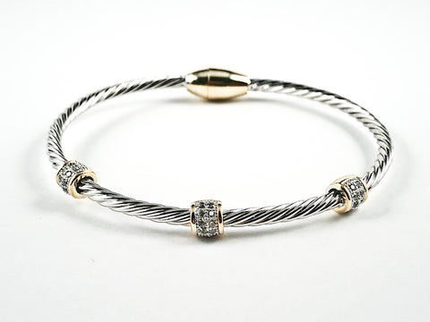 Modern Wire Band With Triple Pave Cylinder Posts Two Tone Magnetic Clasp Brass Bracelet
