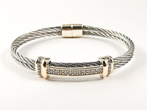 Modern Double Row Wire Band Center CZ Bar Two Tone Magnetic Brass Bracelet Bangle