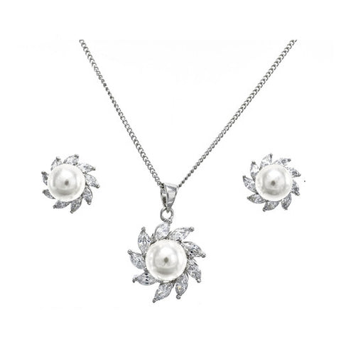 Classic Elegant Center Pearl Sun Design CZ Earring Necklace Brass Set