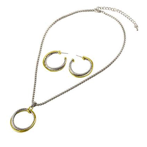 Modern Cable Wire Textured Circle Link Design Earring Necklace Brass Set