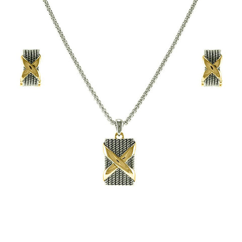 Modern Unique Cable Wire Texture X Design Earring Necklace Brass Set