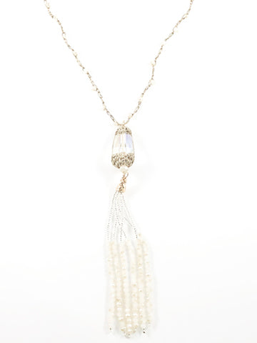 Beautiful Vintage Long Tassel With Micro Pearls Crystal Earring Necklace Fashion Set
