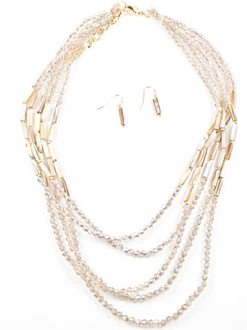 Unique Stylish Multi Strand Crystal Brown Topaz Color Earring Necklace Brass Set