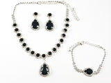 Fancy Elegant Pear Shape Dangle Design Black Color Crystal Fashion Earring Bracelet Necklace Set