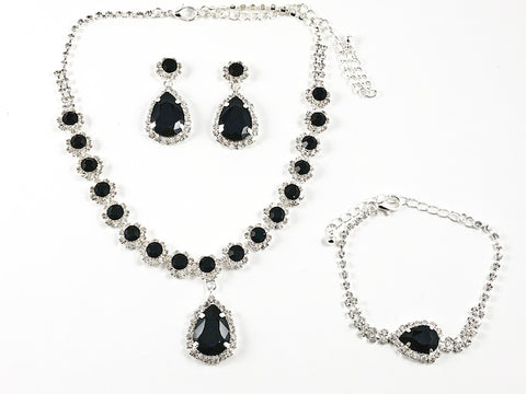 Fancy Elegant Pear Shape Dangle Design Black Color Crystal Fashion Earring Bracelet Necklace Set
