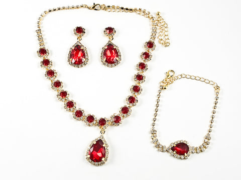 Fancy Elegant Pear Shape Dangle Design Ruby Color Crystal Gold Tone Fashion Earring Bracelet Necklace Set