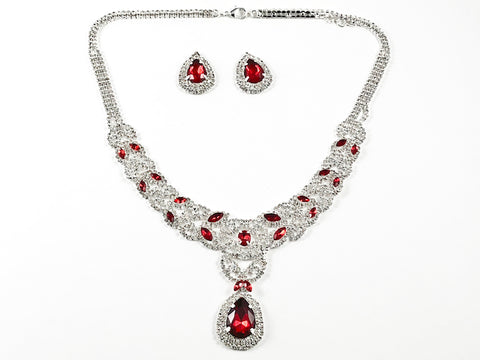 Fancy Pear Shape Dangle Ruby Color Crystal Thick Multi Row Micro Crystal Style Design Fashion Earring Necklace Set