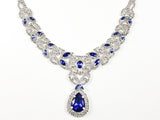 Fancy Pear Shape Dangle Blue Color Crystal Thick Multi Row Micro Crystal Style Design Fashion Earring Necklace Set