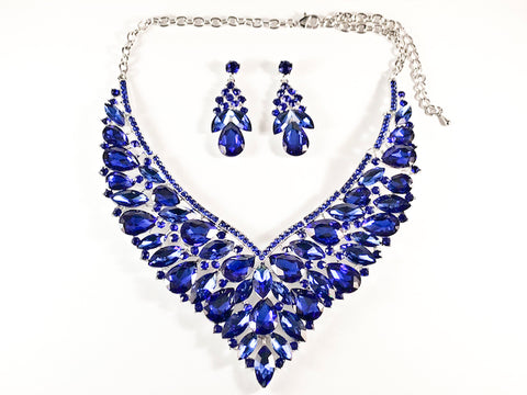 Beautiful Fancy Big Full Floral Design Blue Color Crystals Earring Necklace Fashion Set