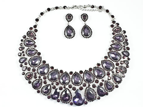 Fancy Layered Purple Color Crystals Pear Shape Design Style Pattern Earring Necklace Set