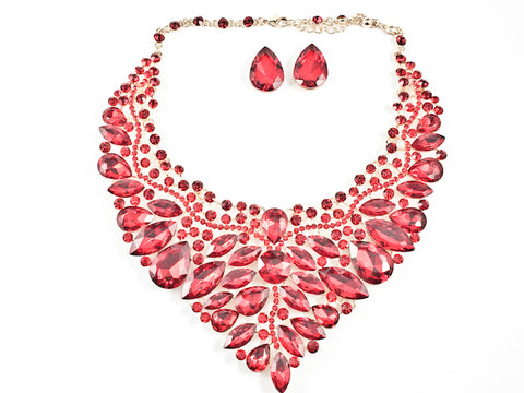 Stylish Detailed Mix Stones & Shape Sharp Floral Pattern Red Color Crystals Earring Necklace Fashion Set