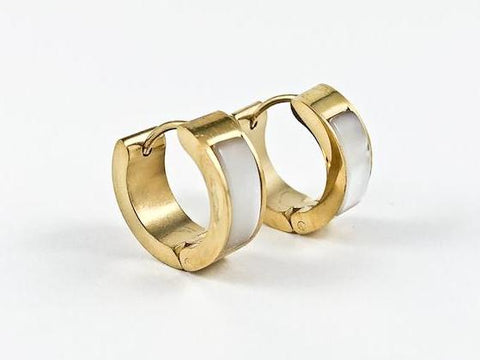 Nice Dainty Mother Of Pearl Yellow Gold Tone Huggie Steel Earrings