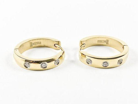 Modern Thin Three Crystal Design Gold Tone Huggie Steel Earrings