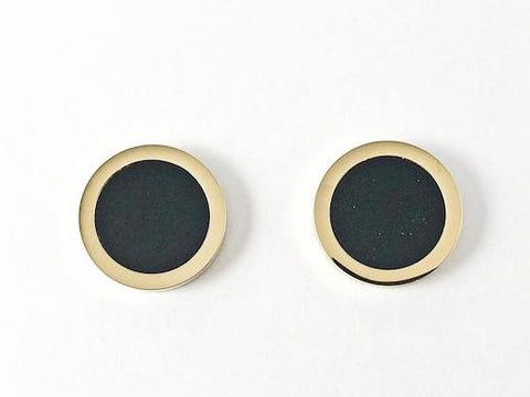 Elegant Round Shape Black Onyx Center Gold Tone Disc Steel Earrings