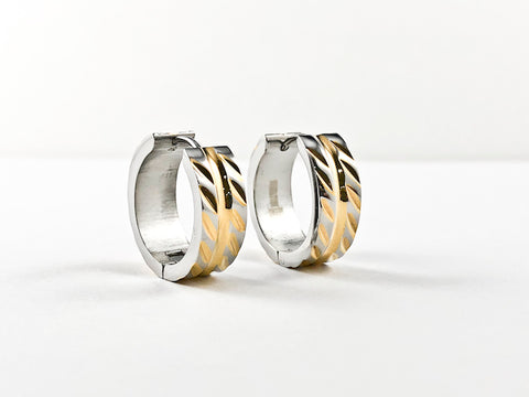 Modern Textured Metallic Pattern Two Tone Steel Huggie Earrings