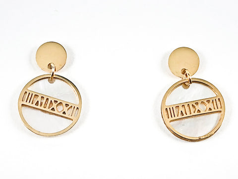 Nice Circle Design With Mother Of Pearl & Roman Numeral Design Gold Tone Dangle Steel Ring