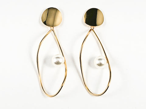 Modern Geometric Style With Pearl Gold Tone Dangle Steel Earrings