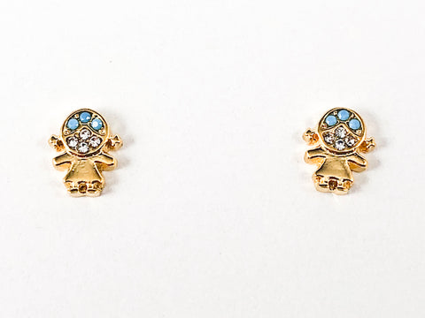 Cute Dainty Girl Figure With Micro Turquoise Stone Gold Tone Steel Earrings