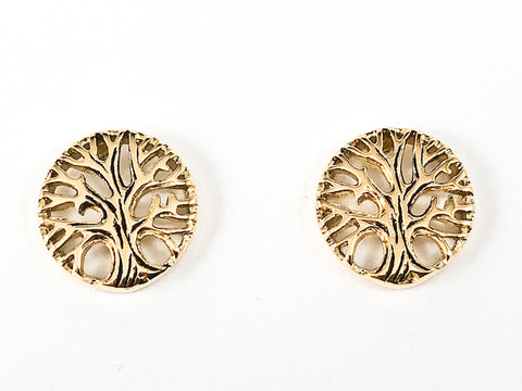 Unique Round Tree Of Life Gold Tone Stud Steel Earrings