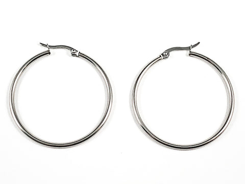 Delicate Thin 40 MM Hoop Silver Tone Steel Earrings