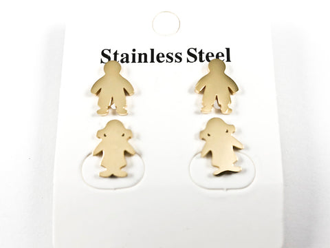 Modern Boy & Girl Pair Shiny Metallic Gold Tone Steel Earrings