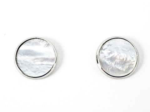 Elegant Round Shape Disc Mother Of Pearl Silver Tone Steel Earrings