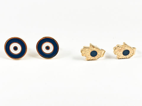 Unique Set Of 2 Pair Evil Eye & Hamsa Hand Design Gold Tone Steel Earrings