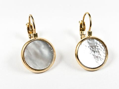 Beautiful Round Mother Of Pearl Disc Gold Tone Lever Back Steel Earrings