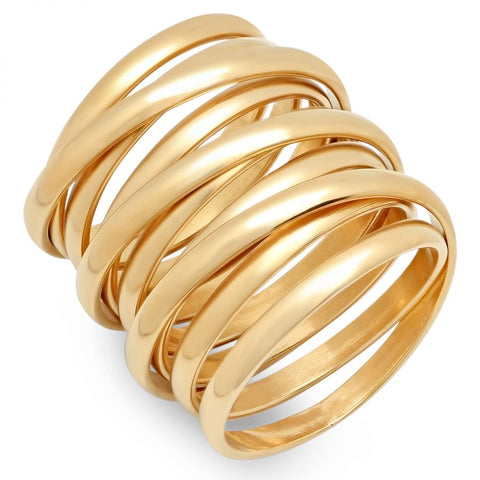 Unique Long Multi Wrap Coil Style Shiny Metallic Gold Tone Steel Ring