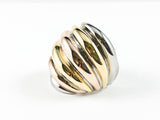 Modern Tri Color Multi Row Pattern Polish Design Steel Ring