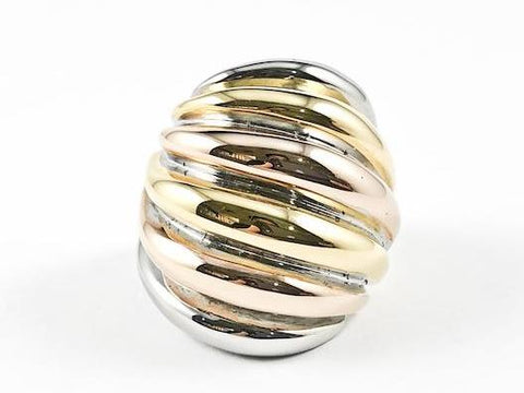 Modern Tri Color Multi Row Pattern Polish Design Steel Ring