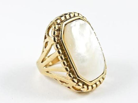Elegant Large Rectangular Shape Center Mother Of Pearl Gold Tone Steel Ring