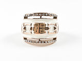 Modern Unique Square Shape White Enamel Link Design Pink Gold Tone Steel Ring