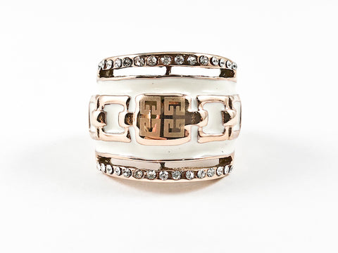 Modern Unique Square Shape White Enamel Link Design Pink Gold Tone Steel Ring