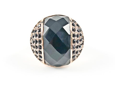 Large Round Center Black CZ With Micro Setting CZ Sides Pink Gold Tone Steel Ring