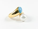 Modern Duo Turquoise & Pearl Ends Wrap Style Design Gold Tone Steel Ring