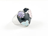 Cute Colorful Black Enamel Heart With Floral Design Element Steel Ring