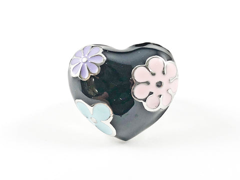 Cute Colorful Black Enamel Heart With Floral Design Element Steel Ring