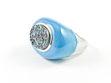 Unique Oval Shape Blue Enamel With Center Druzy Style Stone Steel Ring