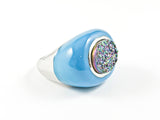 Unique Oval Shape Blue Enamel With Center Druzy Style Stone Steel Ring