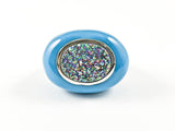 Unique Oval Shape Blue Enamel With Center Druzy Style Stone Steel Ring