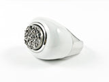 Unique Oval Shape White Enamel With Center Druzy Style Stone Steel Ring