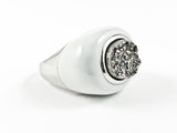 Unique Oval Shape White Enamel With Center Druzy Style Stone Steel Ring