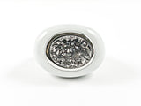 Unique Oval Shape White Enamel With Center Druzy Style Stone Steel Ring