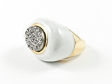 Unique Oval Shape White Enamel With Center Druzy Style Stone Gold Tone Steel Ring
