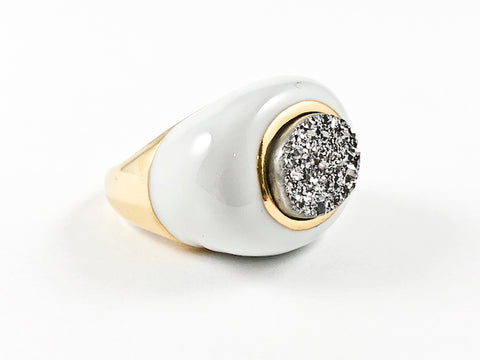 Unique Oval Shape White Enamel With Center Druzy Style Stone Gold Tone Steel Ring