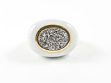 Unique Oval Shape White Enamel With Center Druzy Style Stone Gold Tone Steel Ring