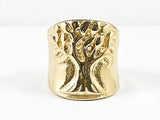 Large Tree Of Life Carved Center Design Gold Tone Steel Ring