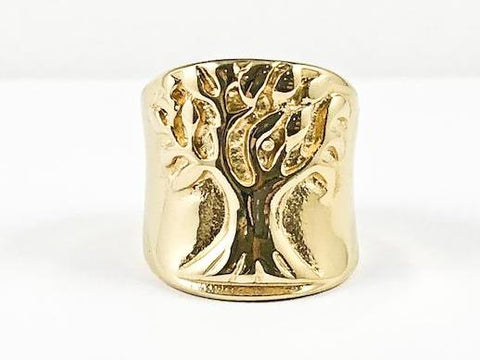 Large Tree Of Life Carved Center Design Gold Tone Steel Ring